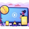 Tiny business people watching at digital devices screens and clock. Screen addiction, digital overload, information overload implications concept. Bright vibrant violet vector isolated illustration